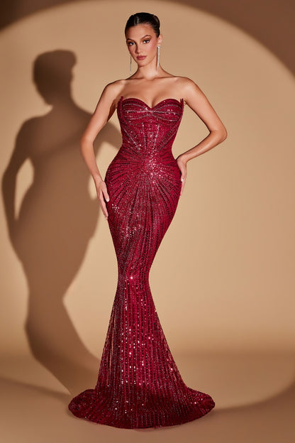 Sparkling Strapless Sweetheart Sequin Crystal Mermaid Gown | Formal Prom Pageant Dress