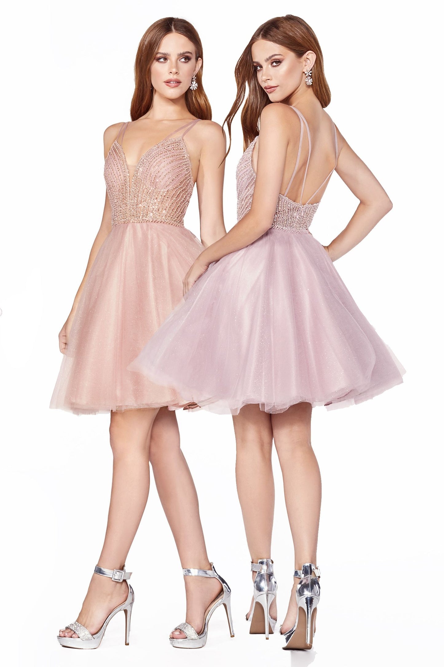 A-Line Short Dress With Embellished Bodice And Layered Tulle Glitter Skirt.