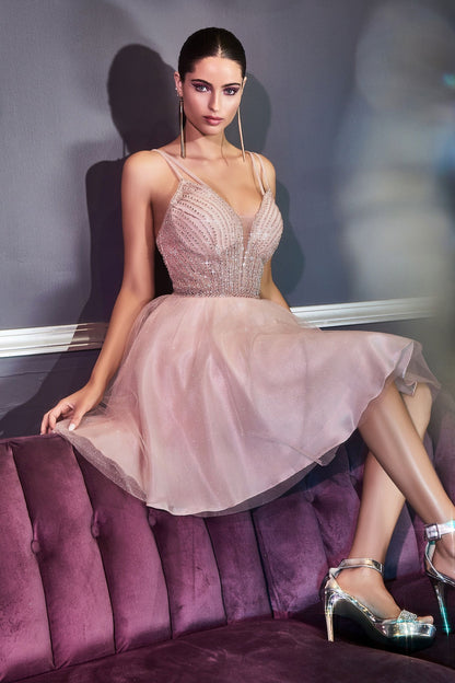A-Line Short Dress With Embellished Bodice And Layered Tulle Glitter Skirt.