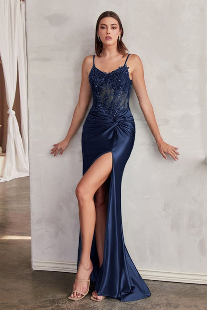 Fitted Satin Gown With Embellished Bodice