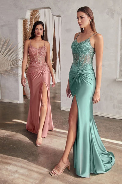 Fitted Satin Gown With Embellished Bodice