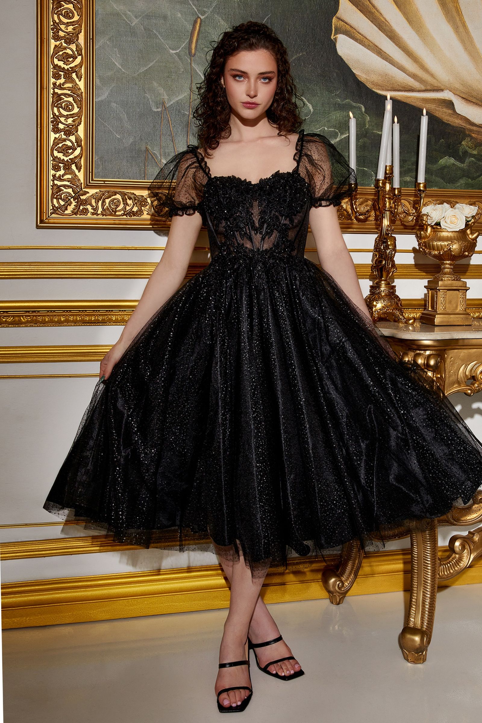 Tea-Length Midi Prom Dress with Short Puff Sleeves Black / Small Tea-Length Midi Prom Dress with Short Puff Sleeves Black / Small