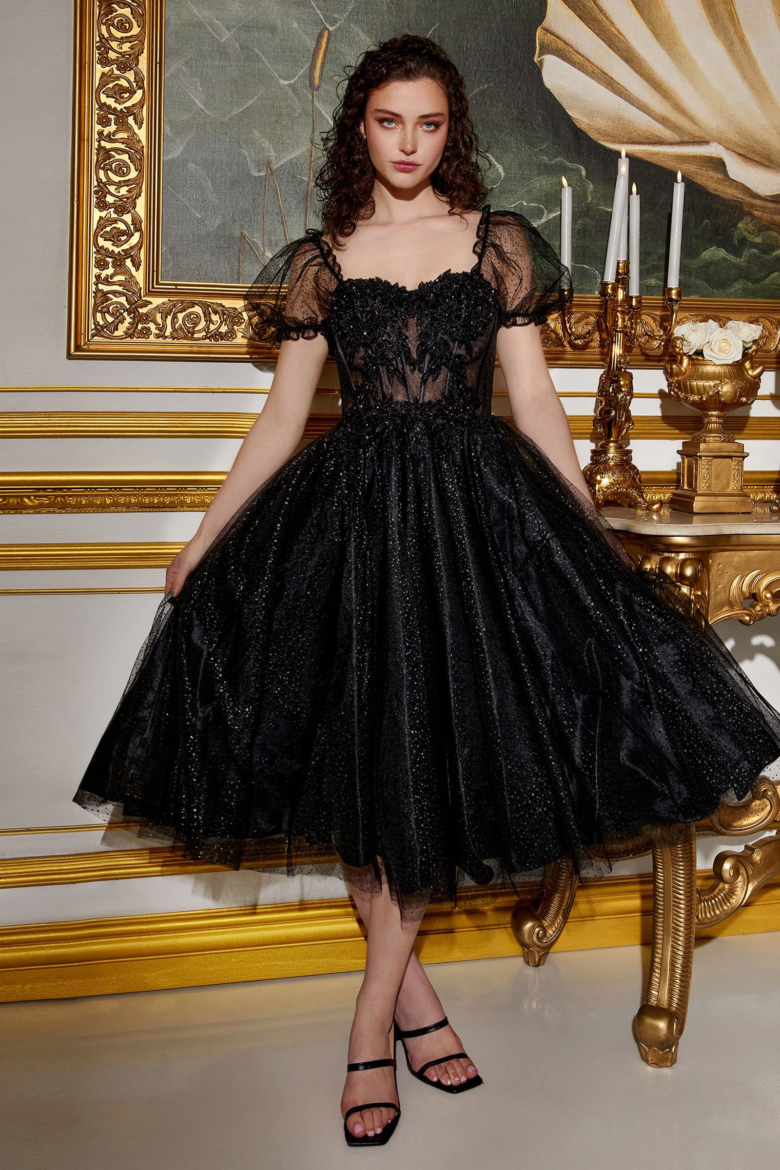Tea Length Layered Tulle Dress M / Champagne