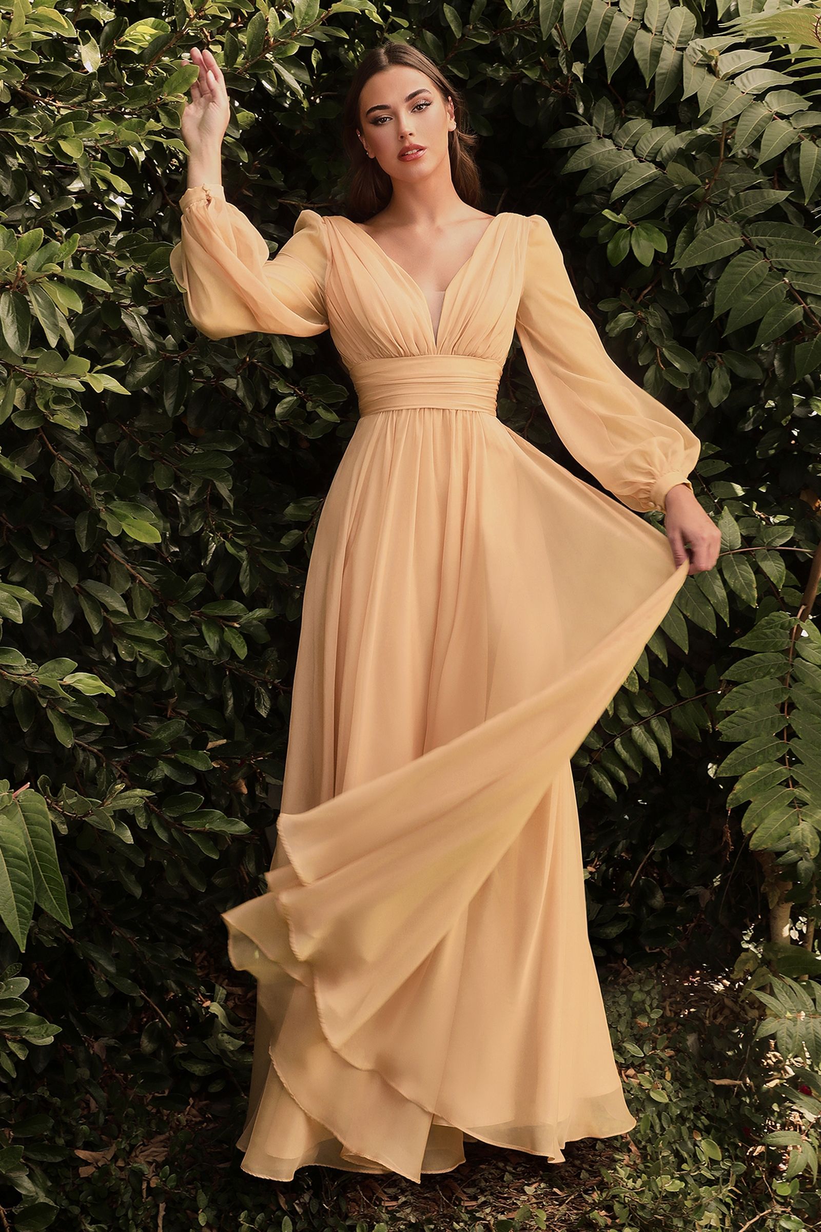 Flowy Long A-Line Prom Dress with Long Puff Sleeves Champagne / 5XLarge Flowy Long A-Line Prom Dress with Long Puff Sleeves Champagne / 5XLarge