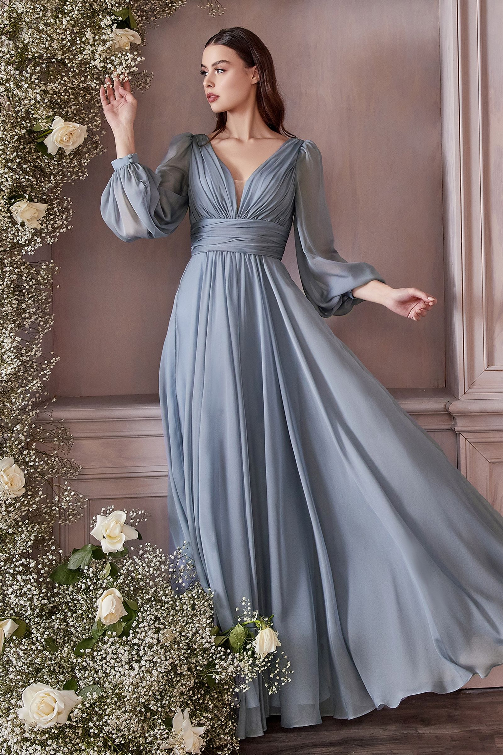 Flowy Long A-Line Prom Dress with Long Puff Sleeves Champagne / 5XLarge Flowy Long A-Line Prom Dress with Long Puff Sleeves Champagne / 5XLarge