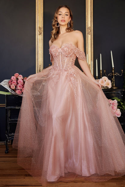 Lace A-Line Gown With Off The Shoulder Sleeves