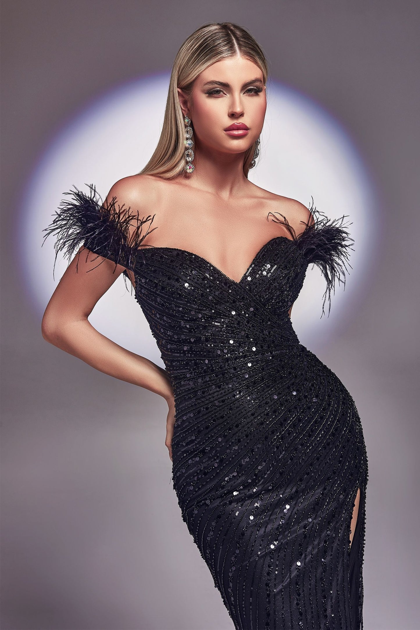 Sequin & Feather Off The Shoulder Gown