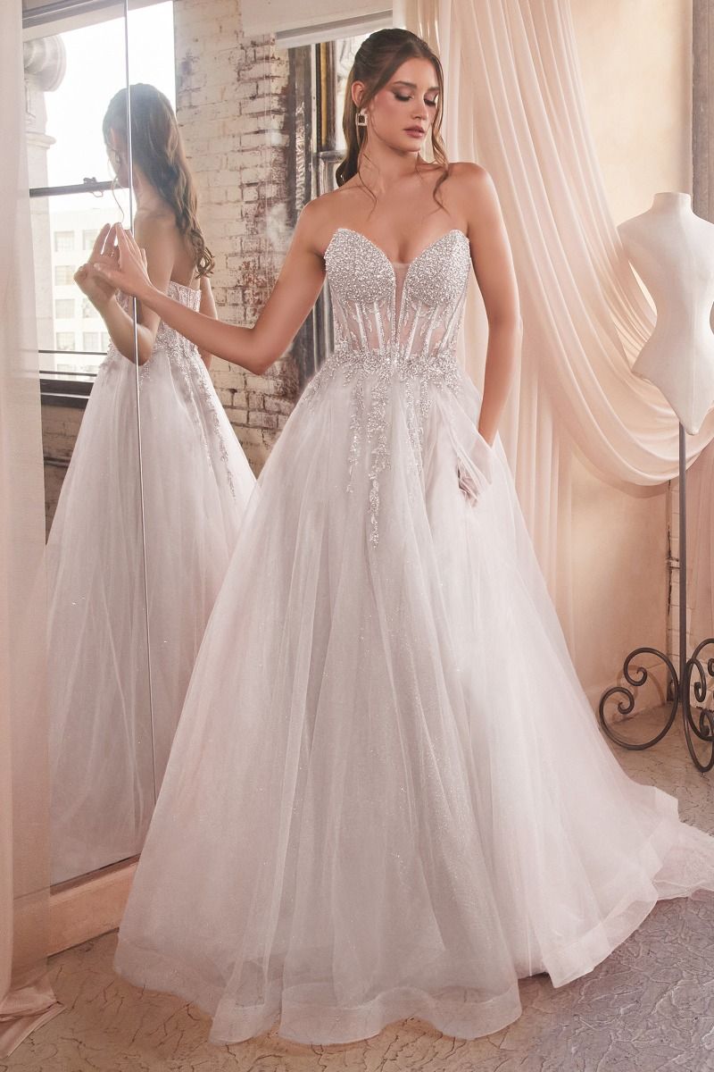 Strapless Long White Wedding Dress with Sheer Corset Off White / 12 Strapless Long White Wedding Dress with Sheer Corset Off White / 12