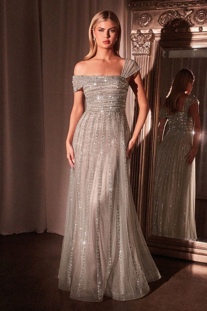 Asymmetrical Off The Shoulder A-Line Beaded Gown