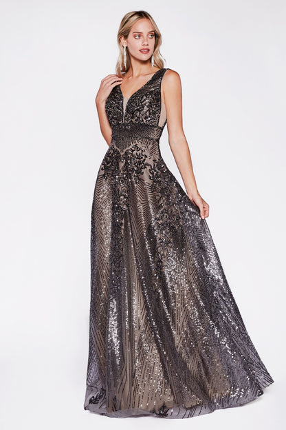 A-Line Gown With Sequin Geometric Pattern And Open Back.