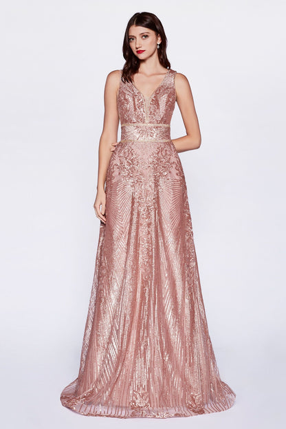 A-Line Gown With Sequin Geometric Pattern And Open Back.