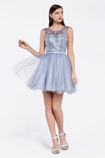 A-Line Tulle Short Dress With Glitter Detail And Illusion Neckline.