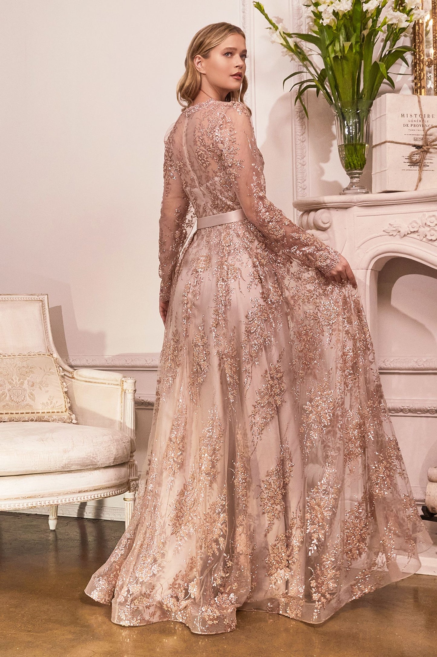 Ladivine CD233C Long Sleeve Shimmering A Line Dress, Silver / 22 Ladivine CD233C Long Sleeve Shimmering A Line Dress, Silver / 22