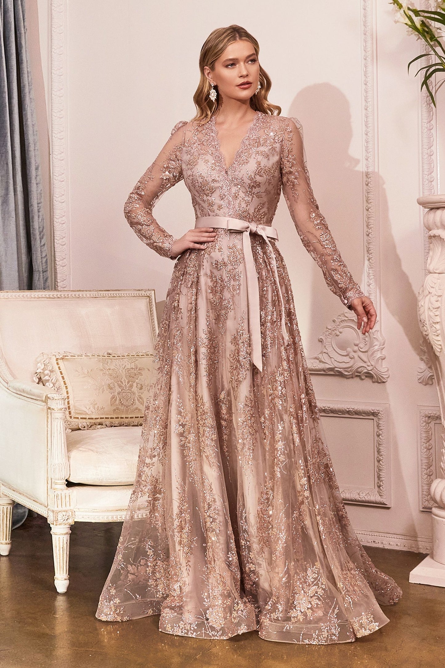 Long Sleeve Embellished Ball Gown