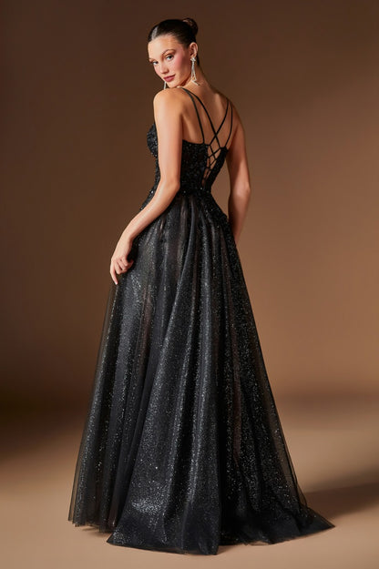 Sparkling Floral Beaded Glitter Tulle A-Line Gown with Thigh-High Slit