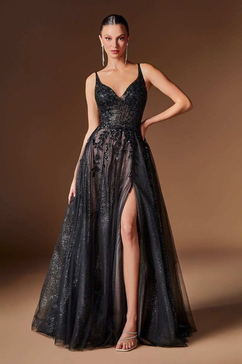 Sparkling Floral Beaded Glitter Tulle A-Line Gown with Thigh-High Slit
