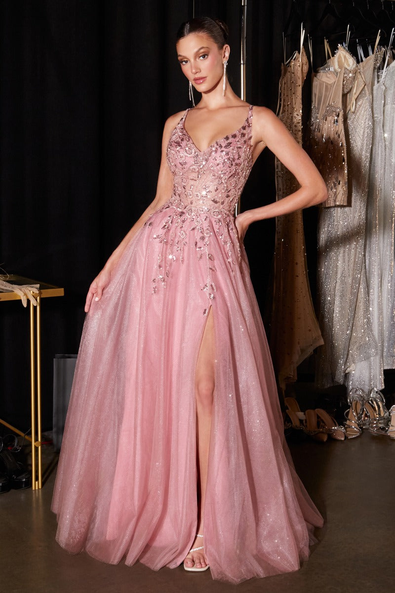 Sparkling Floral Beaded Glitter Tulle A-Line Gown with Thigh-High Slit