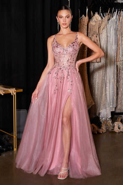 Sparkling Floral Beaded Glitter Tulle A-Line Gown with Thigh-High Slit