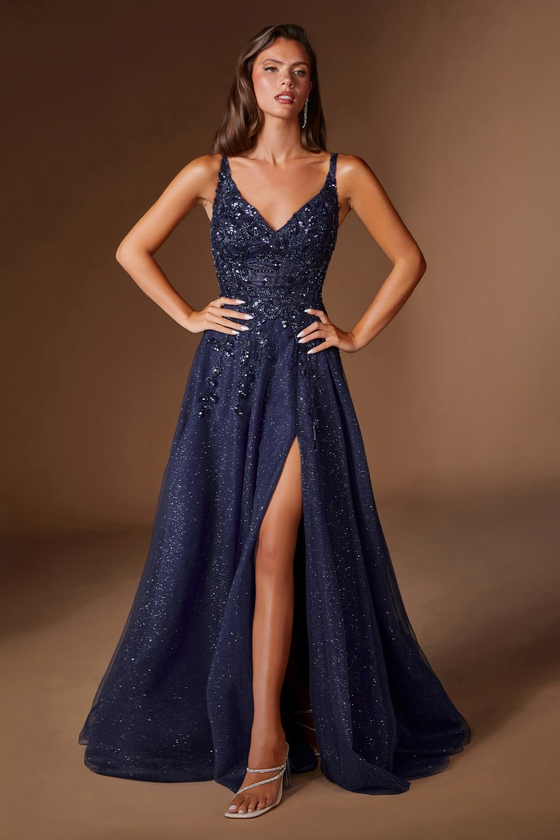 Sparkling Floral Beaded Glitter Tulle A-Line Gown with Thigh-High Slit