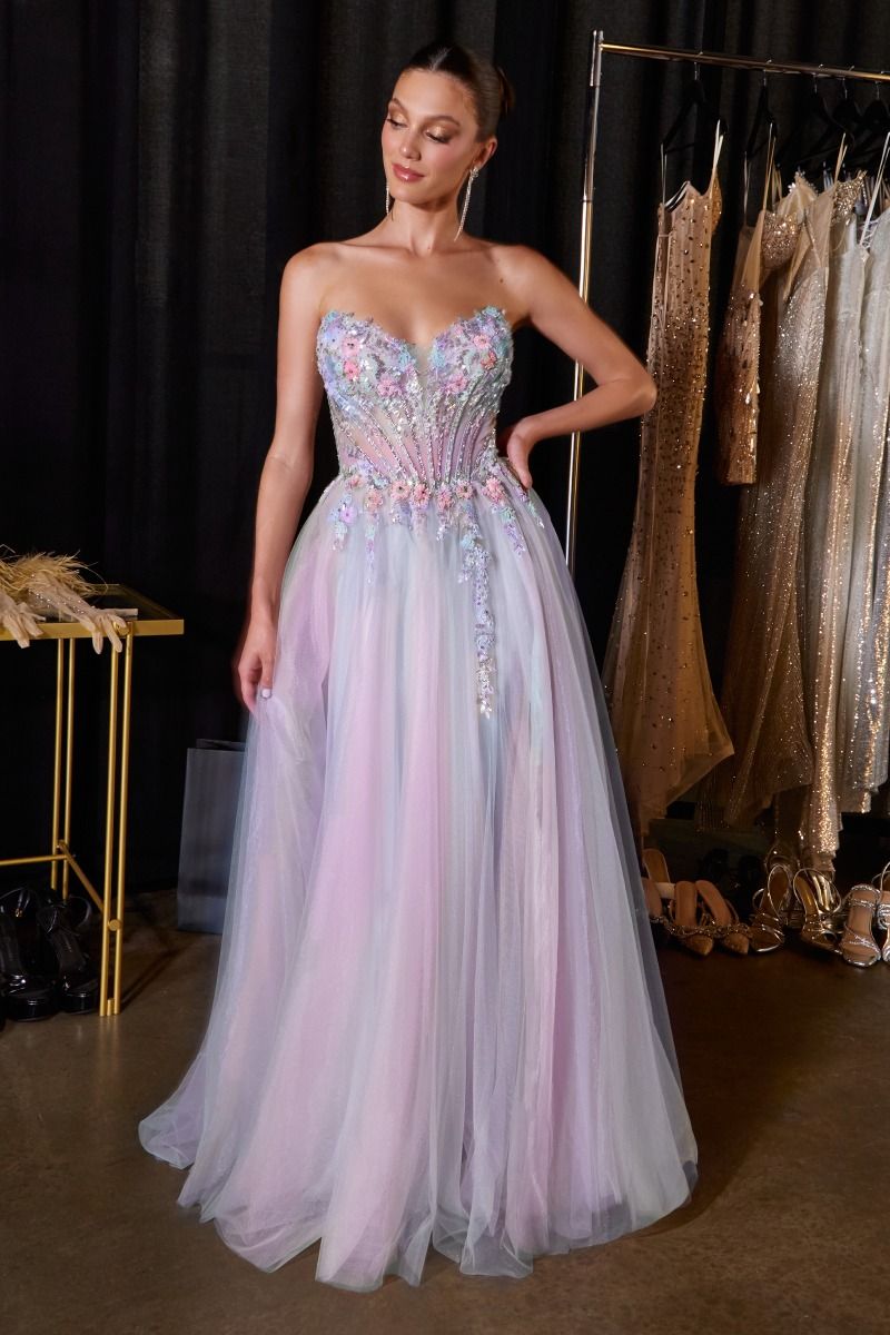 Ethereal A-Line Tulle Gown With Sweetheart Floral Corset & Thigh Slit