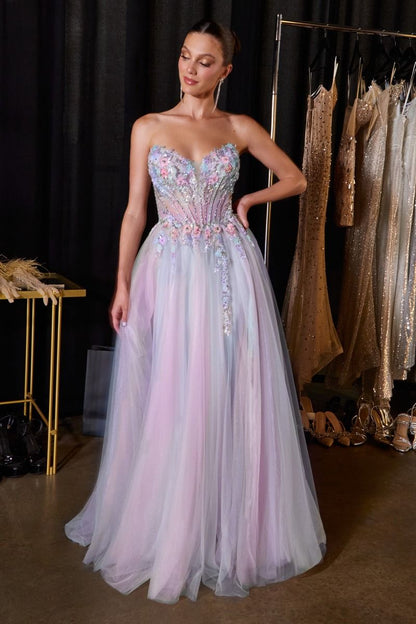 Ethereal A-Line Tulle Gown With Sweetheart Floral Corset & Thigh Slit