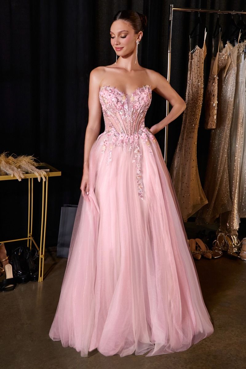 Ethereal A-Line Tulle Gown With Sweetheart Floral Corset & Thigh Slit