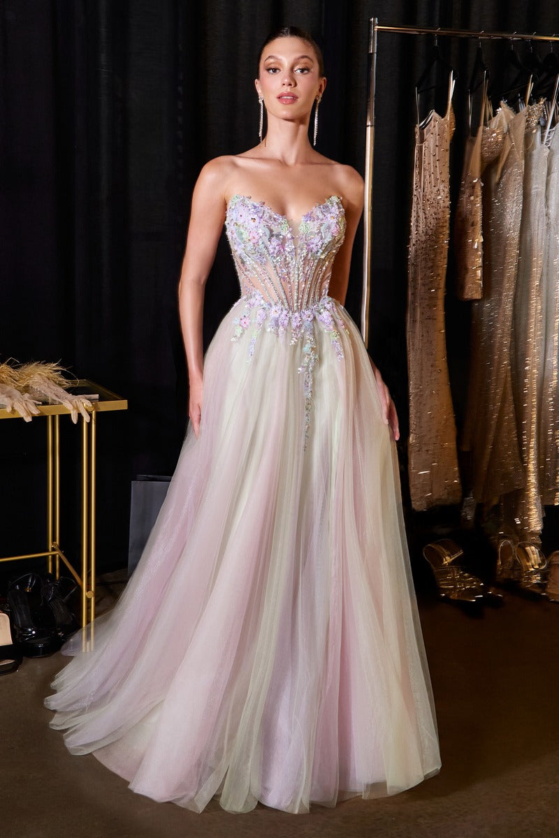 Ethereal A-Line Tulle Gown With Sweetheart Floral Corset & Thigh Slit