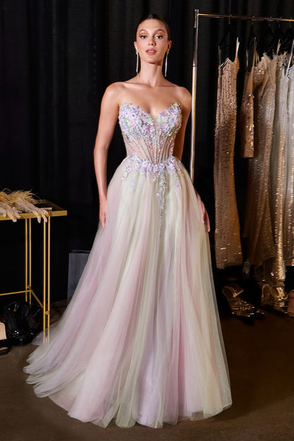 Ethereal A-Line Tulle Gown With Sweetheart Floral Corset & Thigh Slit