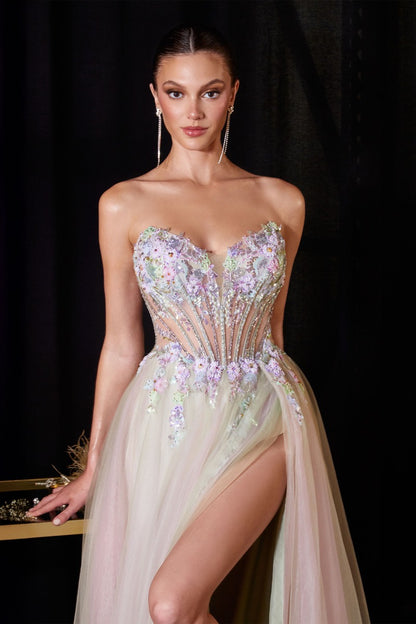 Ethereal A-Line Tulle Gown With Sweetheart Floral Corset & Thigh Slit