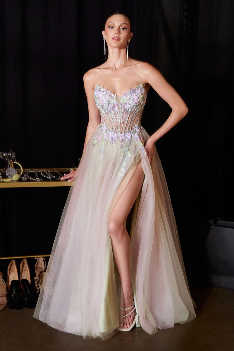 Ethereal A-Line Tulle Gown With Sweetheart Floral Corset & Thigh Slit
