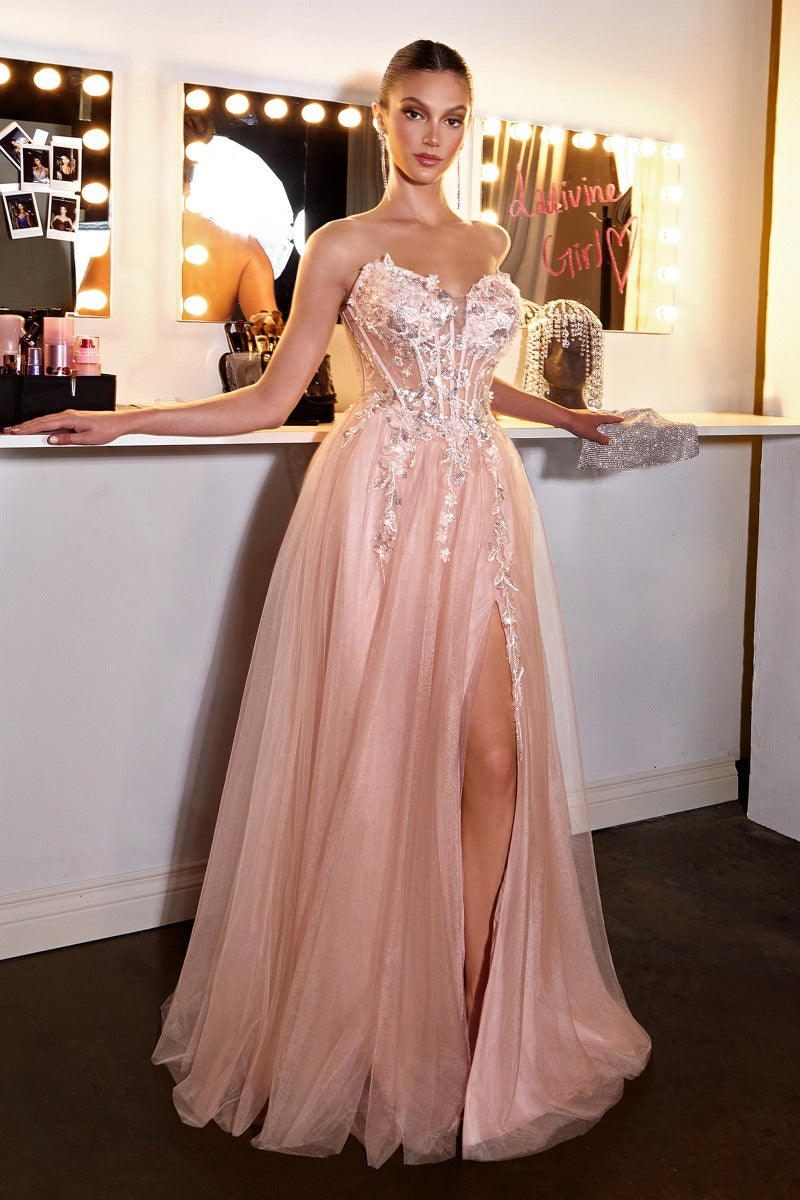 Enchanting 3d Floral A-Line Tulle Gown | Sweetheart Corset Bodice With Slit & Lace-Up Back
