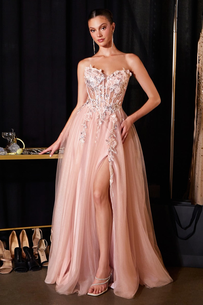 Enchanting 3d Floral A-Line Tulle Gown | Sweetheart Corset Bodice With Slit & Lace-Up Back