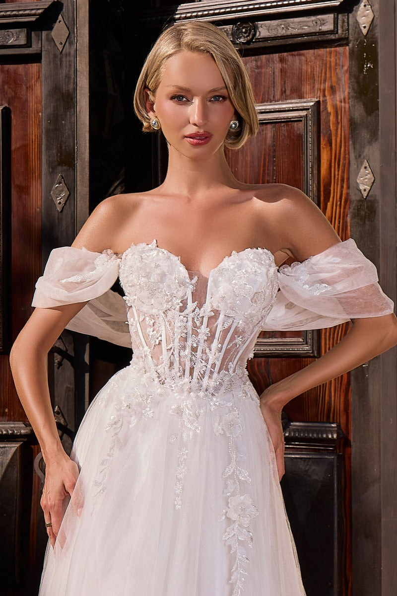 Romantic Floral Tulle Off-Shoulder Ball Gown Wedding Dress | Sweetheart Neckline & Corset Back