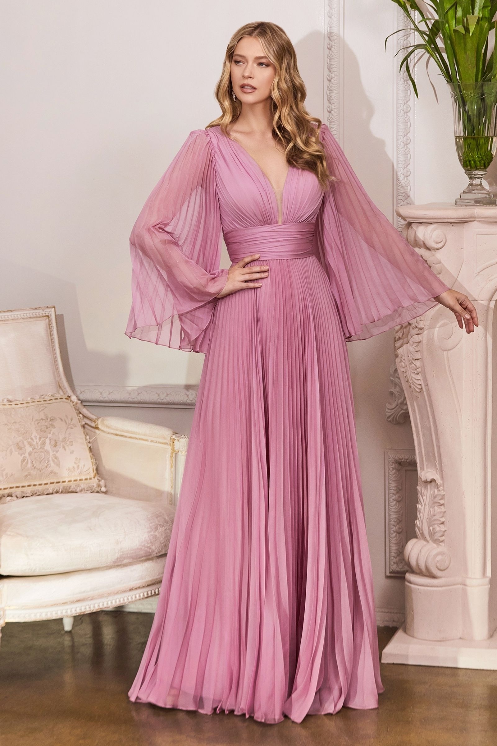 pink pleated chiffon dress Pink Pleated Chiffon V Neck Ruffle Midi Dress