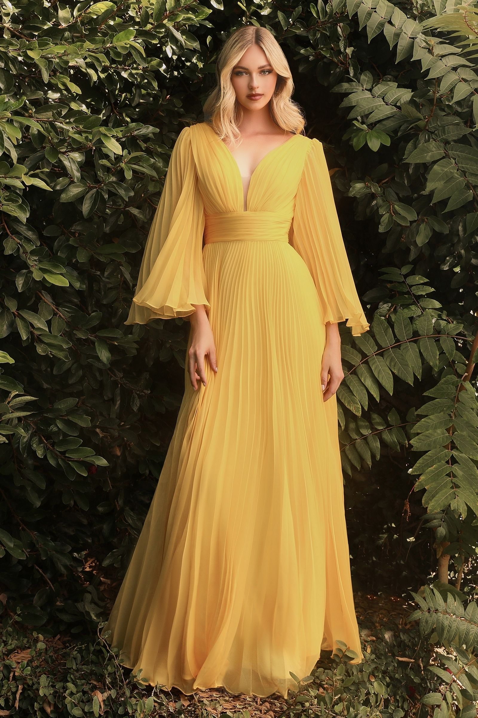 Pleated Long A-Line Formal Dress with Bell Sleeves Red / 12 Pleated Long A-Line Formal Dress with Bell Sleeves Red / 12