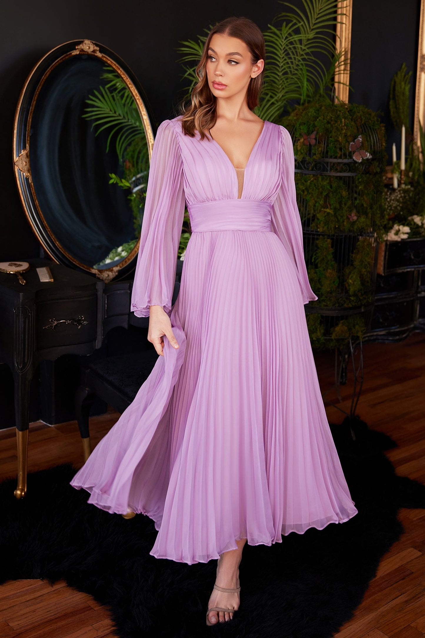 Pleated Chiffon Long Sleeve Tea Length Gown