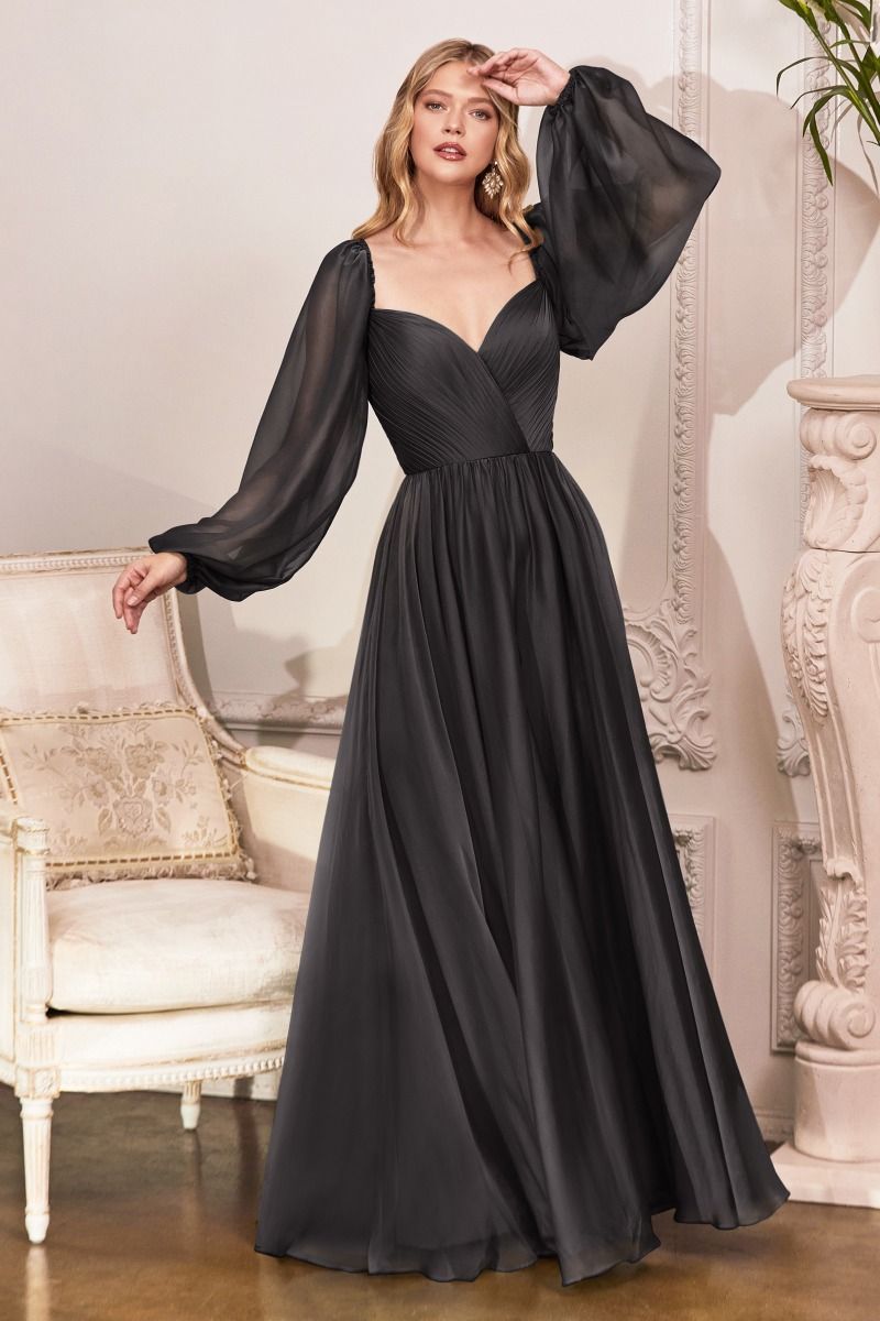 Ladivine V-Neck A-Line Prom Dress with Long Sleeves Black / 8 Ladivine V-Neck A-Line Prom Dress with Long Sleeves Black / 8