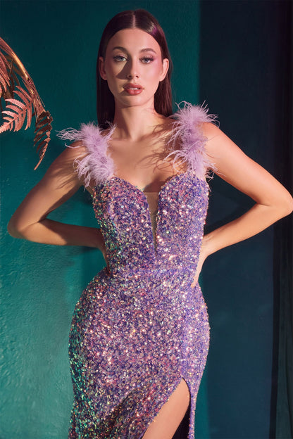 Feathered Iridescent Sequin Gown