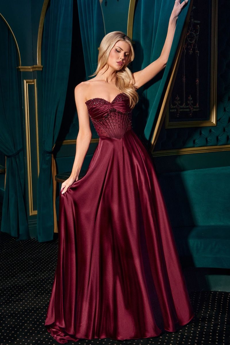 Strapless Beaded Satin A-Line Dress