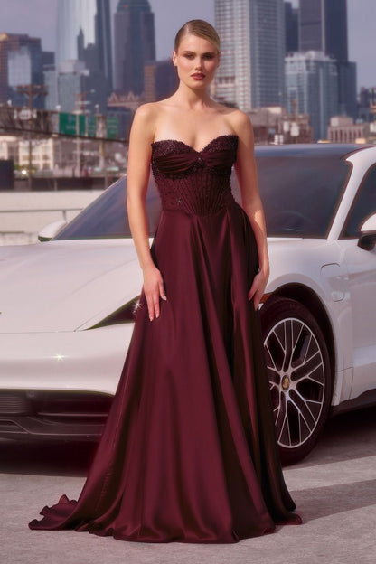 Strapless Beaded Satin A-Line Dress