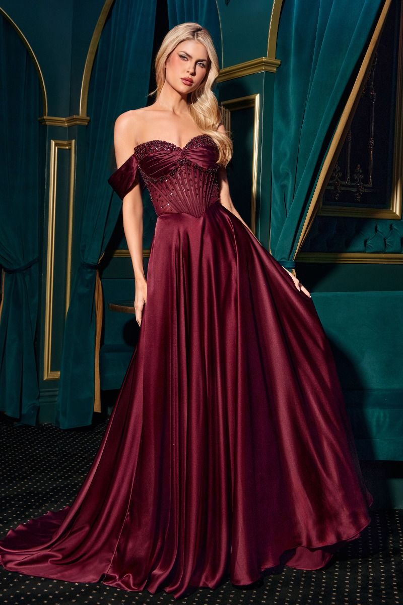 Strapless Beaded Satin A-Line Dress