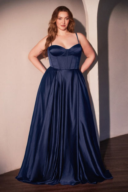 Plus-Size Long Corset Prom Dress with A-Line Skirt Navy / 18 Plus-Size Long Corset Prom Dress with A-Line Skirt Navy / 18