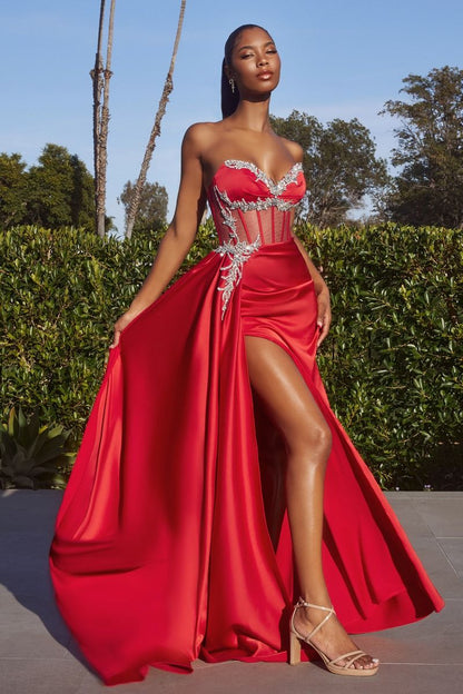 Satin Fitted Gown With Embelishment