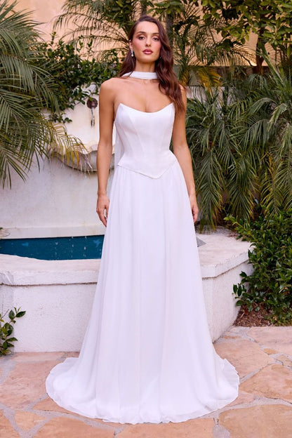 A-line chiffon gown, sculpted corset bodice