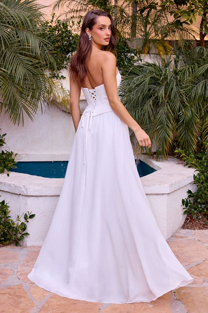 A-line chiffon gown, sculpted corset bodice