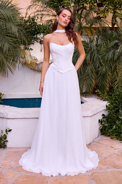 A-line chiffon gown, sculpted corset bodice