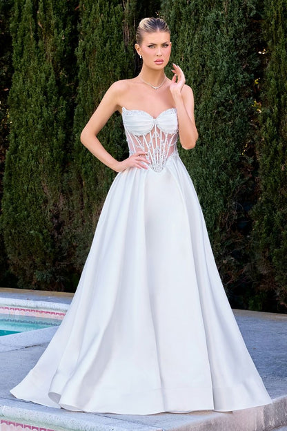 A-Line Bridal Gown the Strapless Sweetheart Bodice Showcases Pleated Cups
