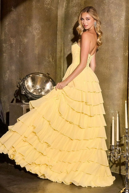 Strapless Chiffon Corset Gown with Tiered High-Low Hem