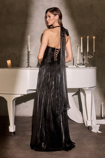 Flowy A-Line Dress With A Deep V-Neck Halter Neckline And Luminous Pleated Chiffon, Corset-Style Back With Laces