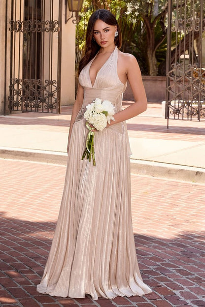 Flowy A-Line Dress With A Deep V-Neck Halter Neckline And Luminous Pleated Chiffon, Corset-Style Back With Laces